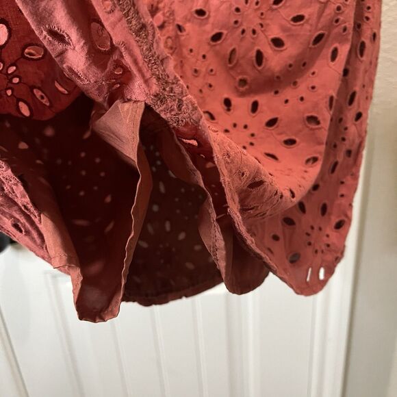 BTFBM Rust Boho Eyelet Crochet Lined Puff Sleeve Button Up Top Womens Size XL - Picture 5 of 10